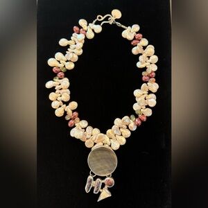 NWOT Chunky Freshwater Pearl Necklace with Intricate Mother of Pearl Pendant